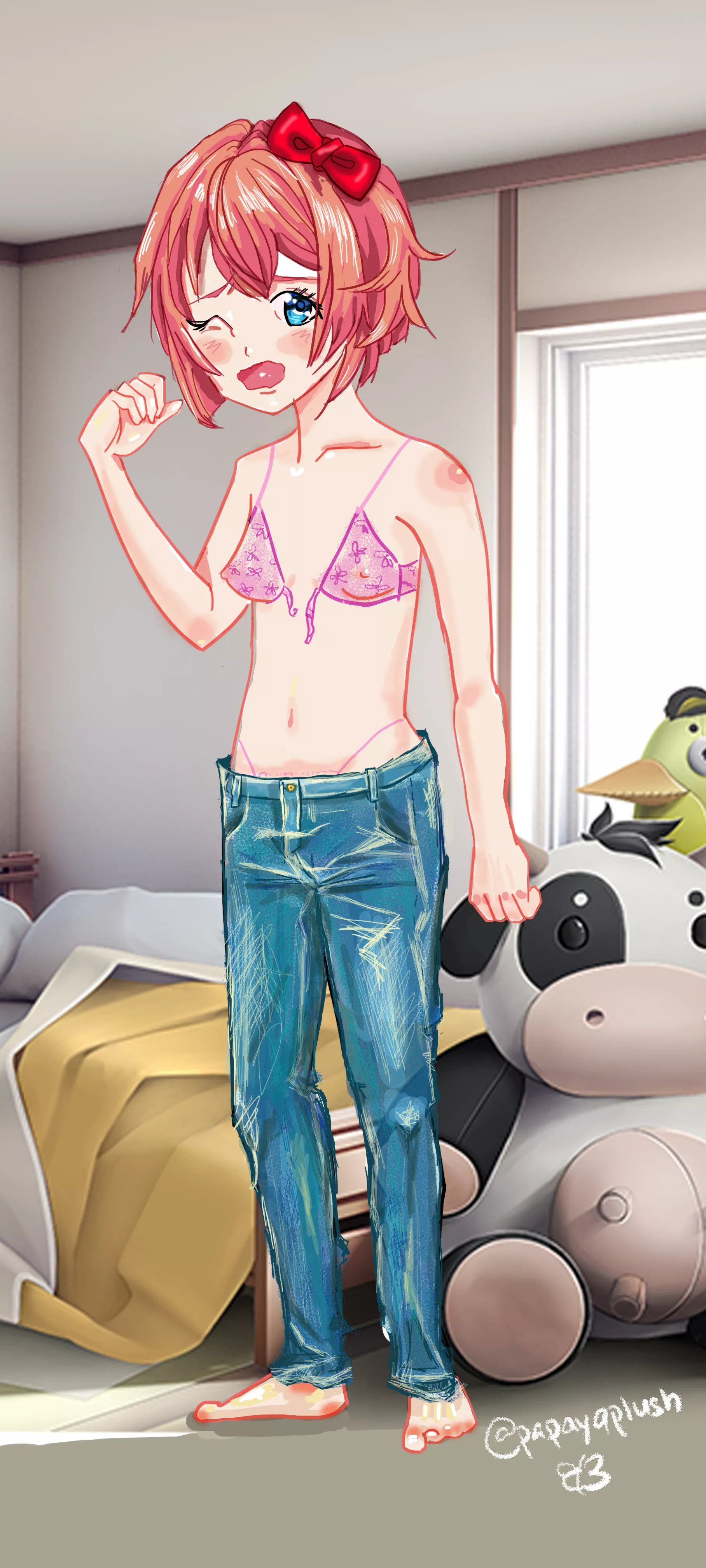 Sayori - tfw your front clasp bra breaks (artist Papayaplush)