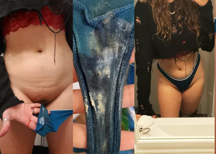 second and last day of daily orgasms in this thong and they look π³... these smell so strong through my pants l was worried all day XD dm me or kik babbigiraffe to get these for yourselfπ