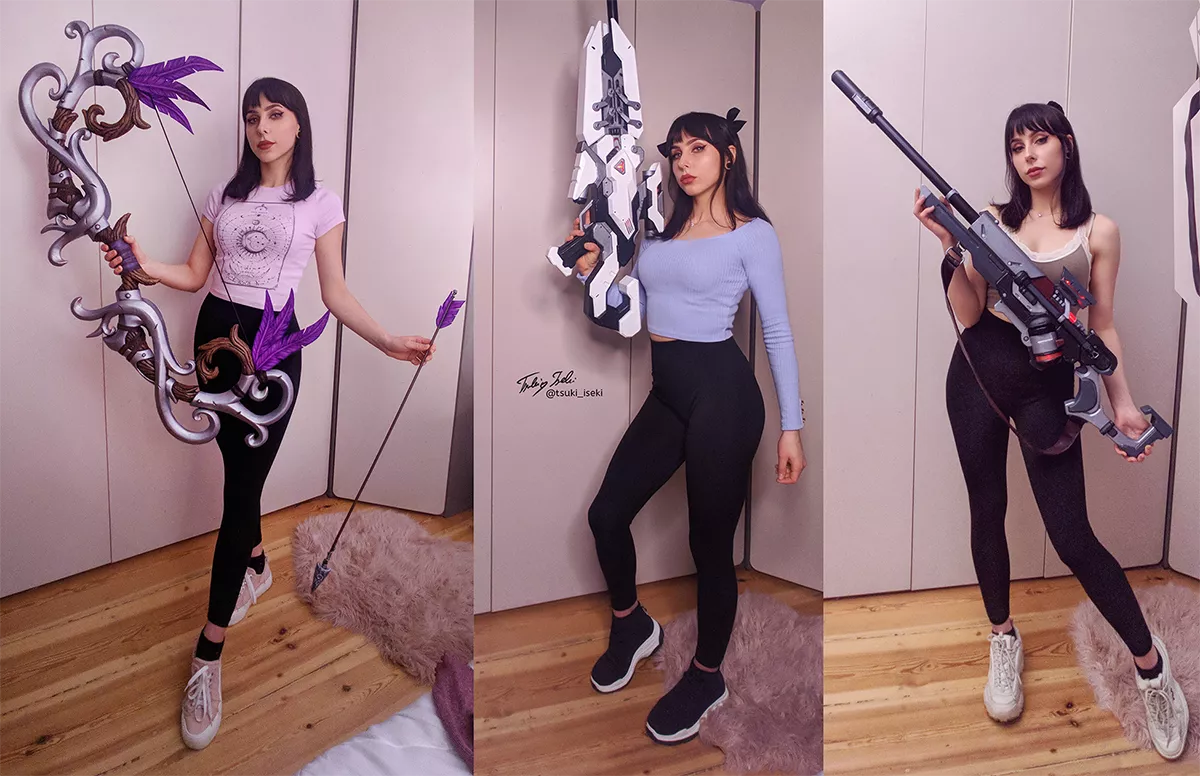 [Self] My little prop collection all made by me: Ironfeather longbow, Widow's kiss and Ana's rifle.