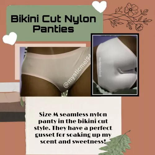 [selling] be my first buyer of 2022 and get an extra day of wear! offer available for all panties including this nylon bikini cut panty! add ons always available. kik: mysticmel94 💥🎉
