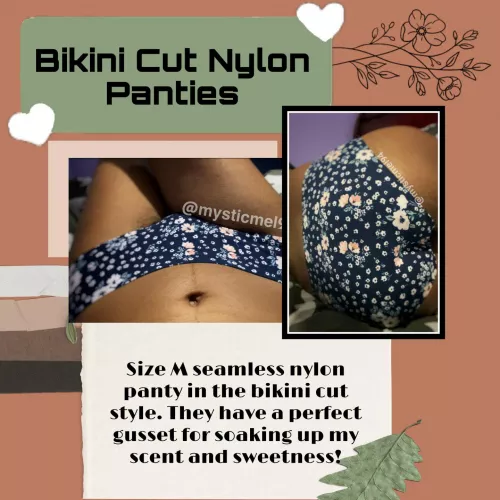 [selling] bikini cut nylon panties. they come with 2 days wear but I do offer add ons like extra day, solo play, stuffing and photo sets! kik: mysticmel94 🎄💋💦