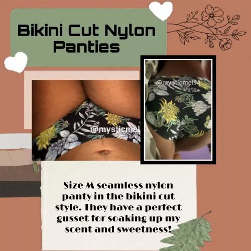 [selling] bikini cut nylon panty that come with 48 hour wear and 3 photos. I can surely get these wet and filthy for you 💋💕 kik: mysticmel94