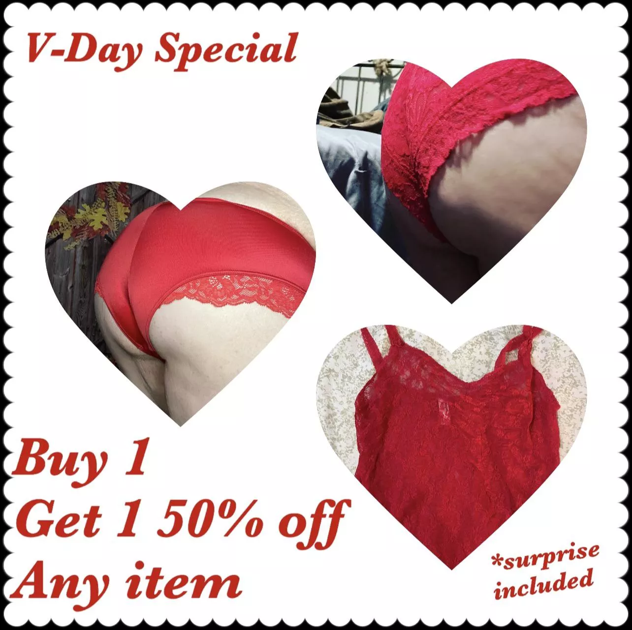 [selling] BOGO on all panties, or any clothing item, now through Valentines Day! Free, discreet shipping, with tracking in the US. Message me!