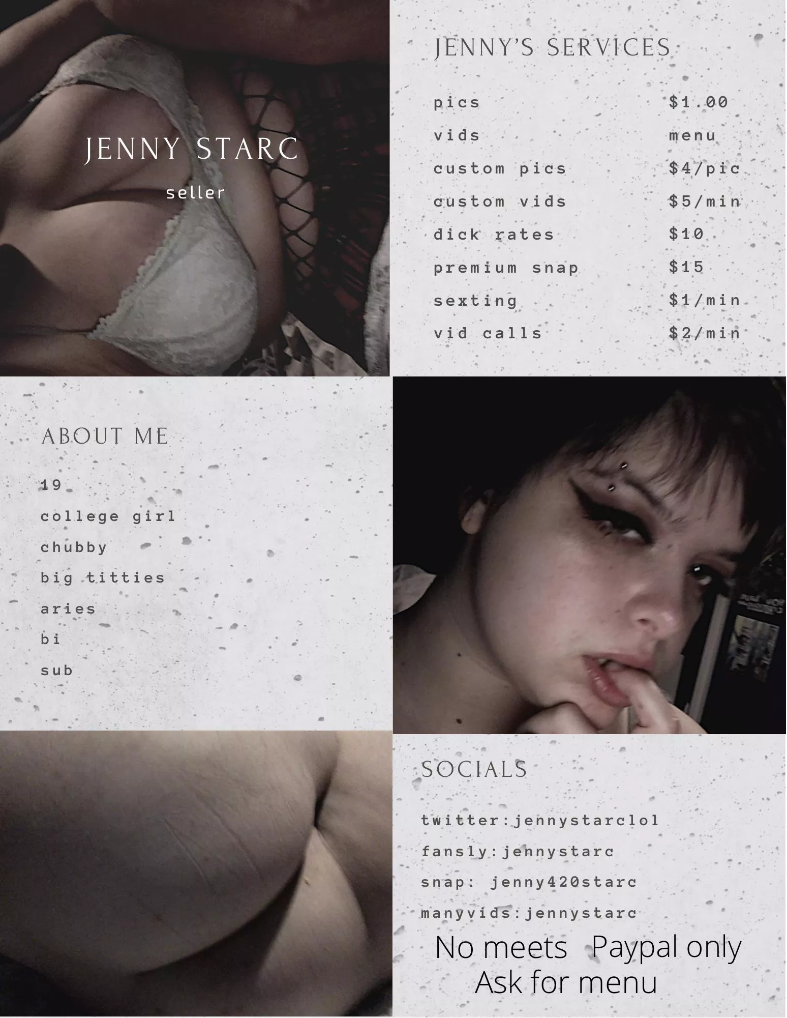 [selling] come buy from this big titty college slut 😌 goal is $100 today!! Let’s help each other out 😉 snap: jenny420starc 💖 kik: jennystarc420