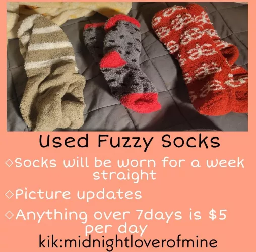 Selling my fuzzy socksβ€ who wants a pair of dirty, smelly, sweaty socks? $30 per pair (includes shipping)