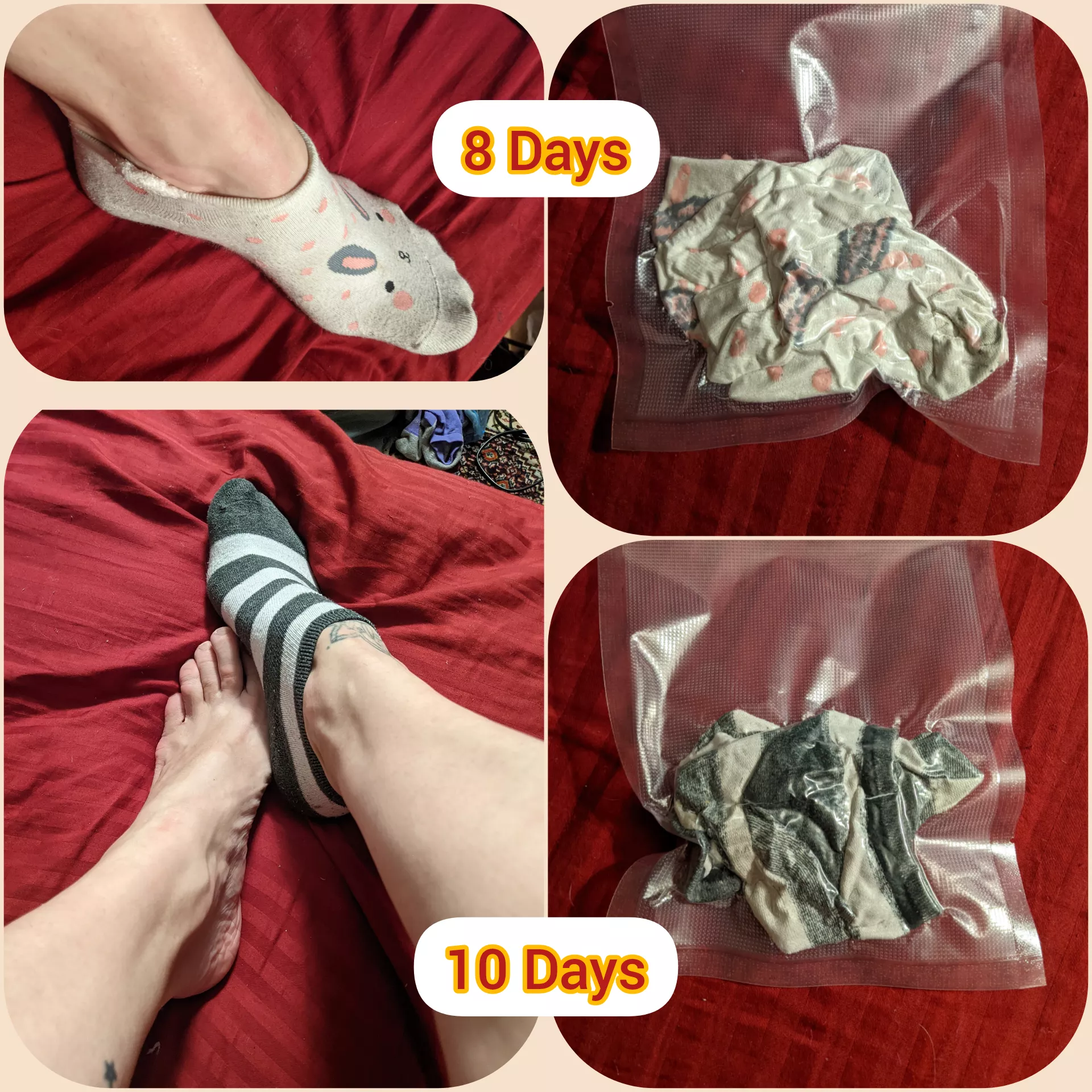 [selling] these beauties are about to be thrown in the wash... Going to keep vacuum sealed for just a couple more days but my l0rd do they smell!!! Bunny's=8 days / Stripes=10 days. Both come with huge digital files 🥵 🎈20% off PHYSICAL items ALL M