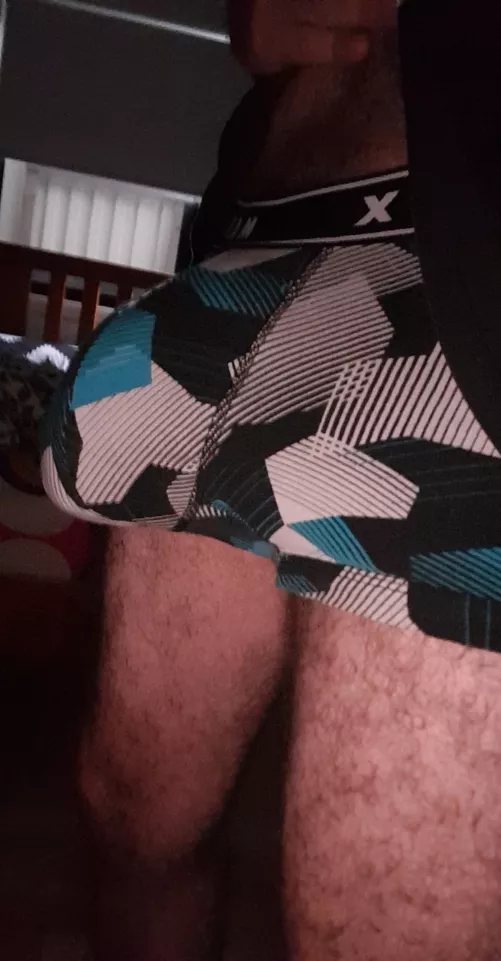Semi hard cock + cockring/ball stretcher = massive bulge