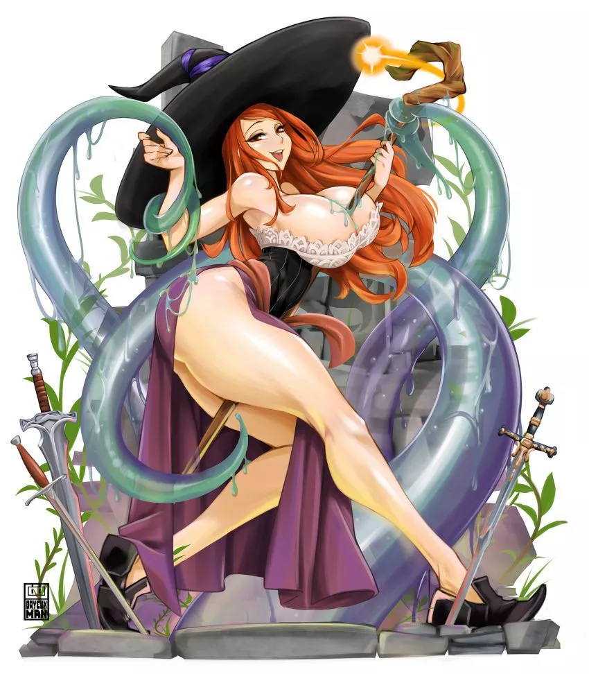 Sexy busty witch tangled up in some tentacles