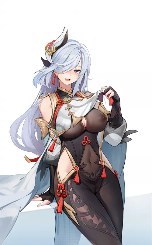 Shenhe - a battle body suit too tight and thin leaves little to the imagination (chaji h, 茶本mus) [Genshin Impact]