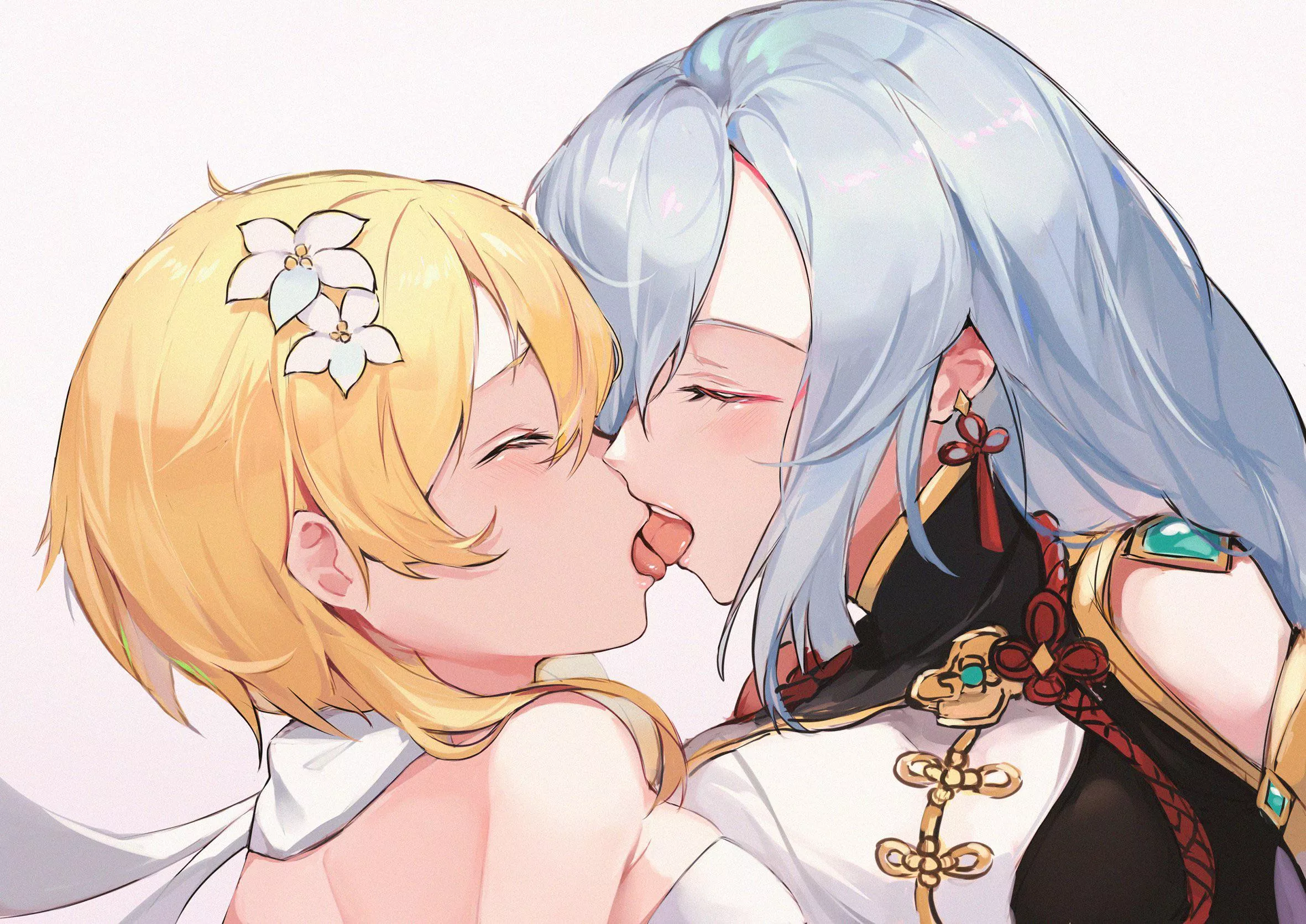 Shenhe and Lumine sharing a kiss [Genshin Impact]