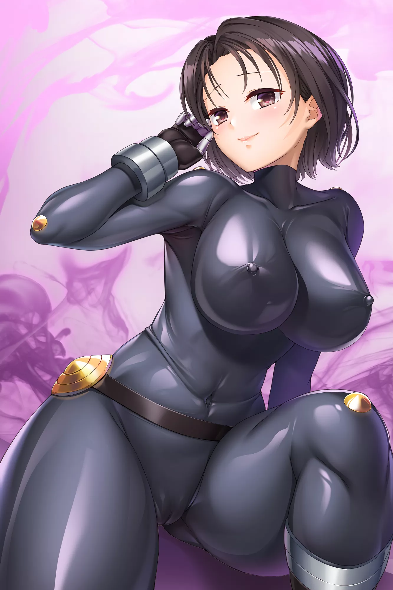 Shiny Tight Black Suit Brushing Hair Out Of Her Eyes (Yuumaru) [Original]