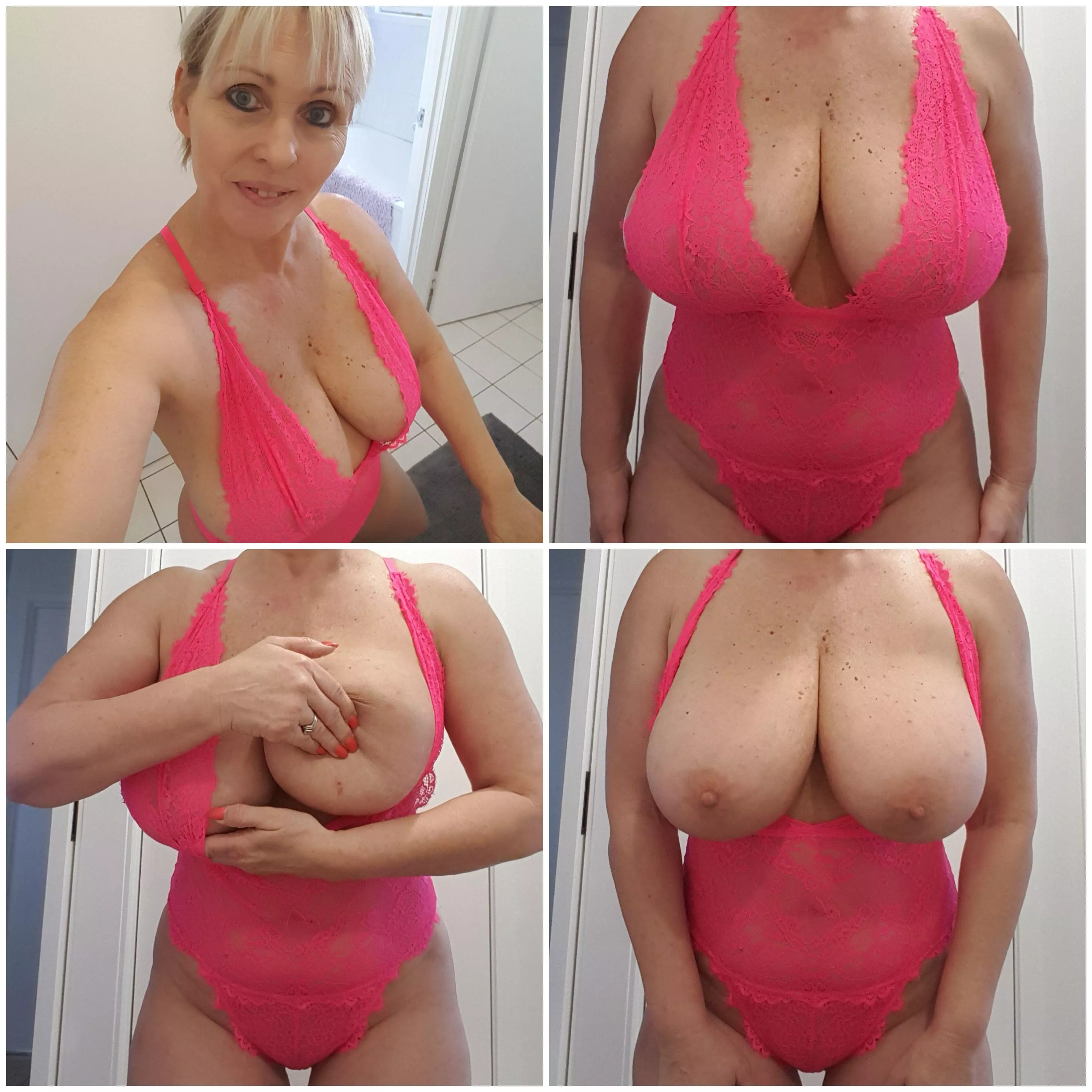 Showing off my fluorescent pink lingerie and of course my big boobs 😉 xx 57yo (f) (OC) 🇦🇺