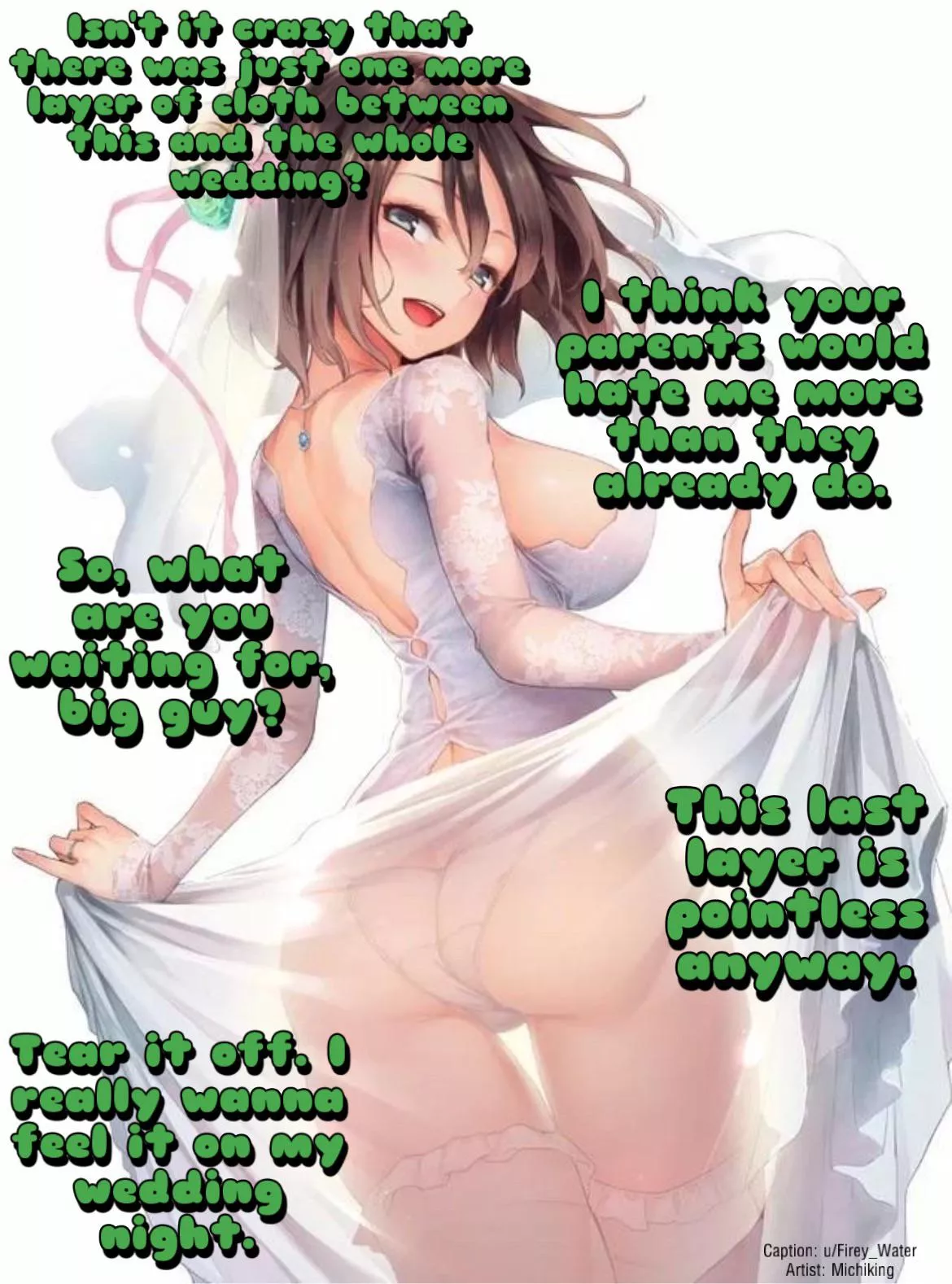 Showing you what’s underneath the dress. [Wedding dress] [Loving]