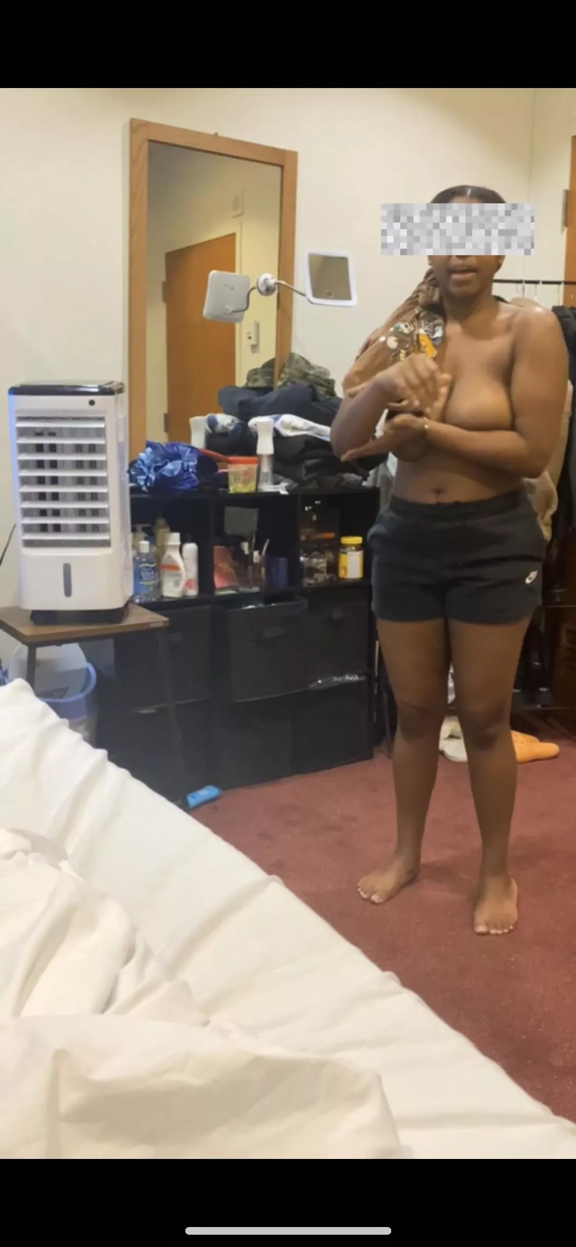 Shy GF covering her huge tits bc she doesn’t like her big ghost areola lol