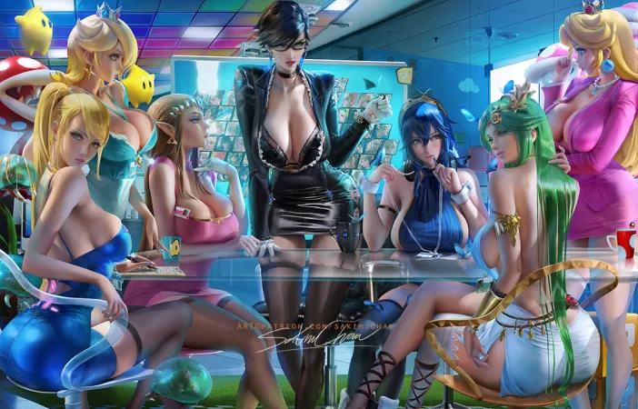 Smash meeting with Samus, Rosalina, Zelda, Bayonetta, Byleth, Palutena, and Peach. (Sakimichan)