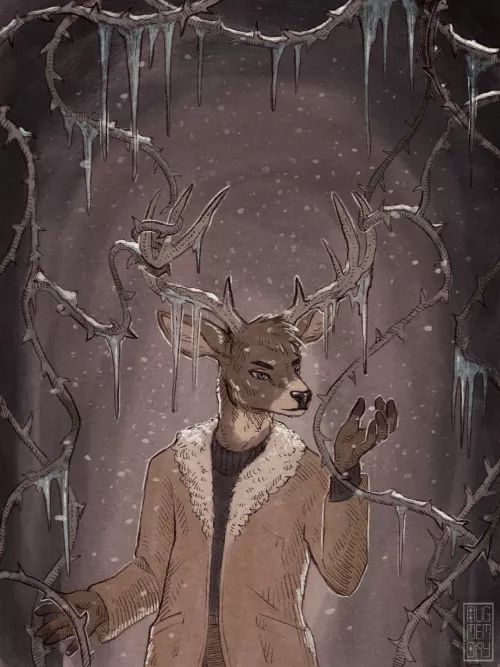 Snowy commission of a Twitter user's deer character!
