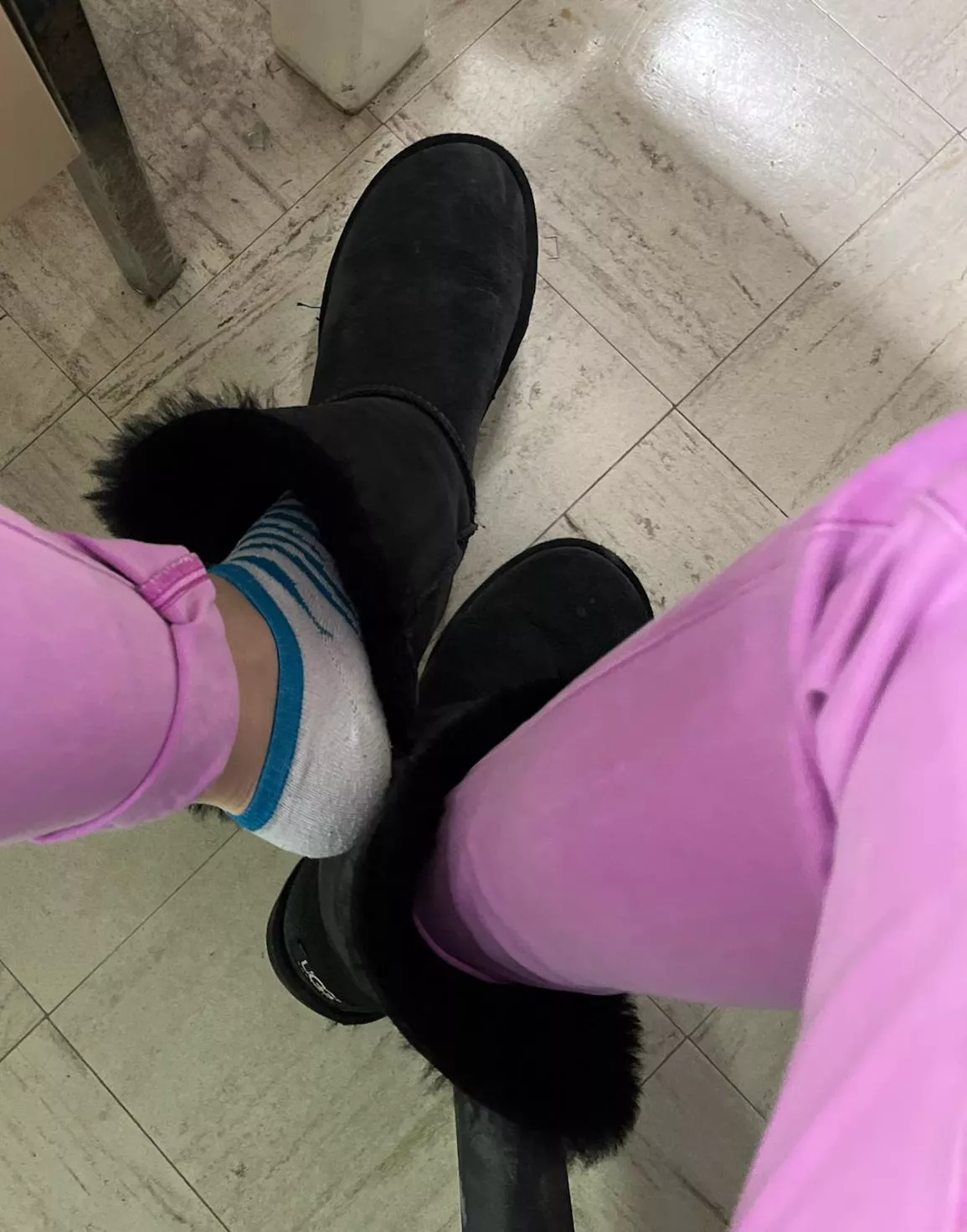 Snuck a picture at work of socks I'm working on. DM me if you want your own pair of PinkPonys.