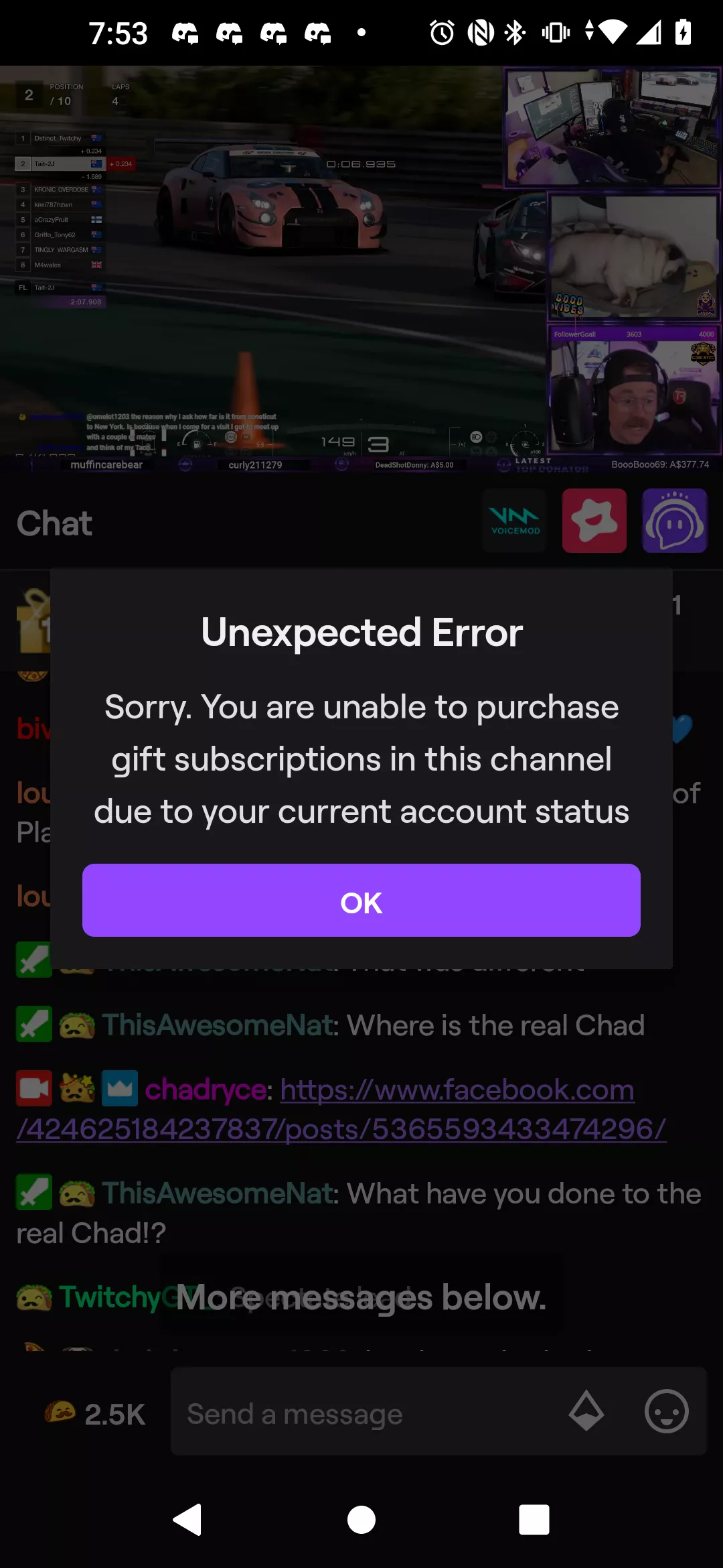So I'm on mobile and this came up. Never seen it in the 4 ish years I e been using this app. I was trying to gift a sub to someone and this popped up. I checked my email for anything regarding maybe an account ban or something even though I was still ab