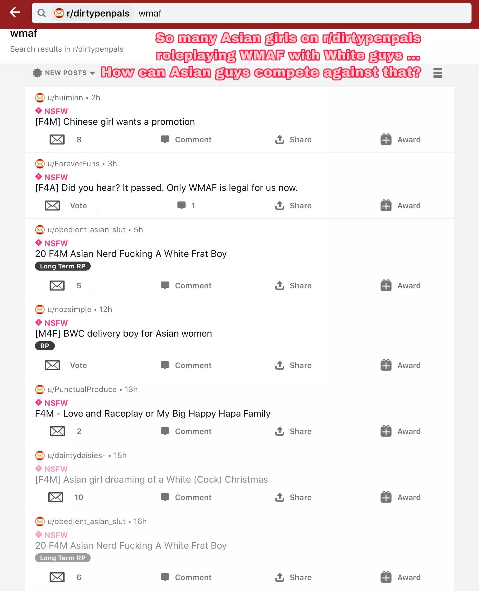 So many Asian girls looking for White guys to roleplay WMAF...Their prompts are so hot and well-written as well, it’s so heartbreaking but arousing to read them