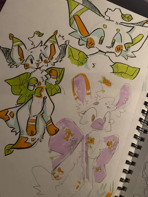 some sketchbook drawings of my ocs, whisper and willow ^^