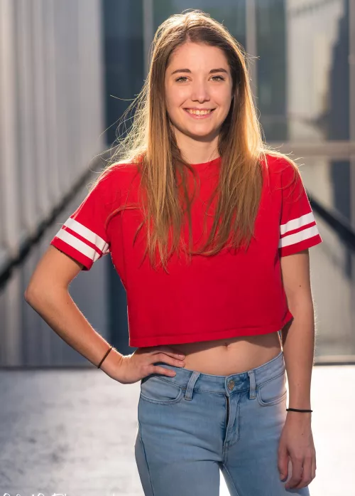 Sometimes simple is best, college girl on campus with a basic crop top UHQ