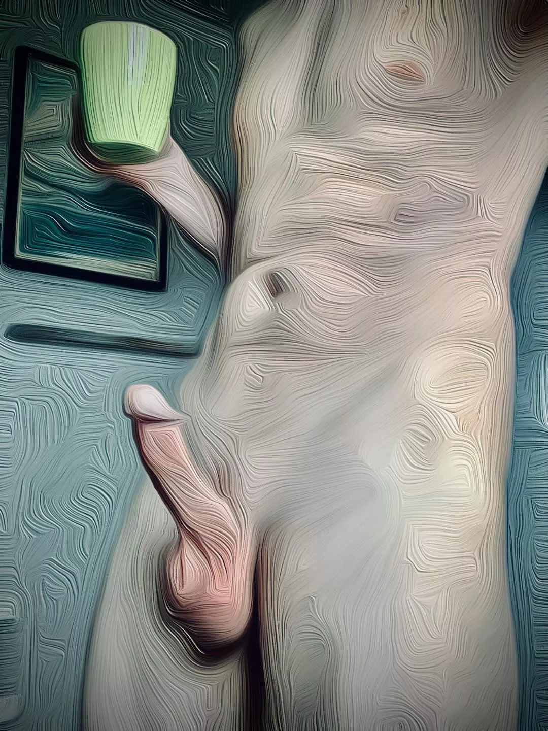 Stiff coffee. Me. Digital oil on canvas.