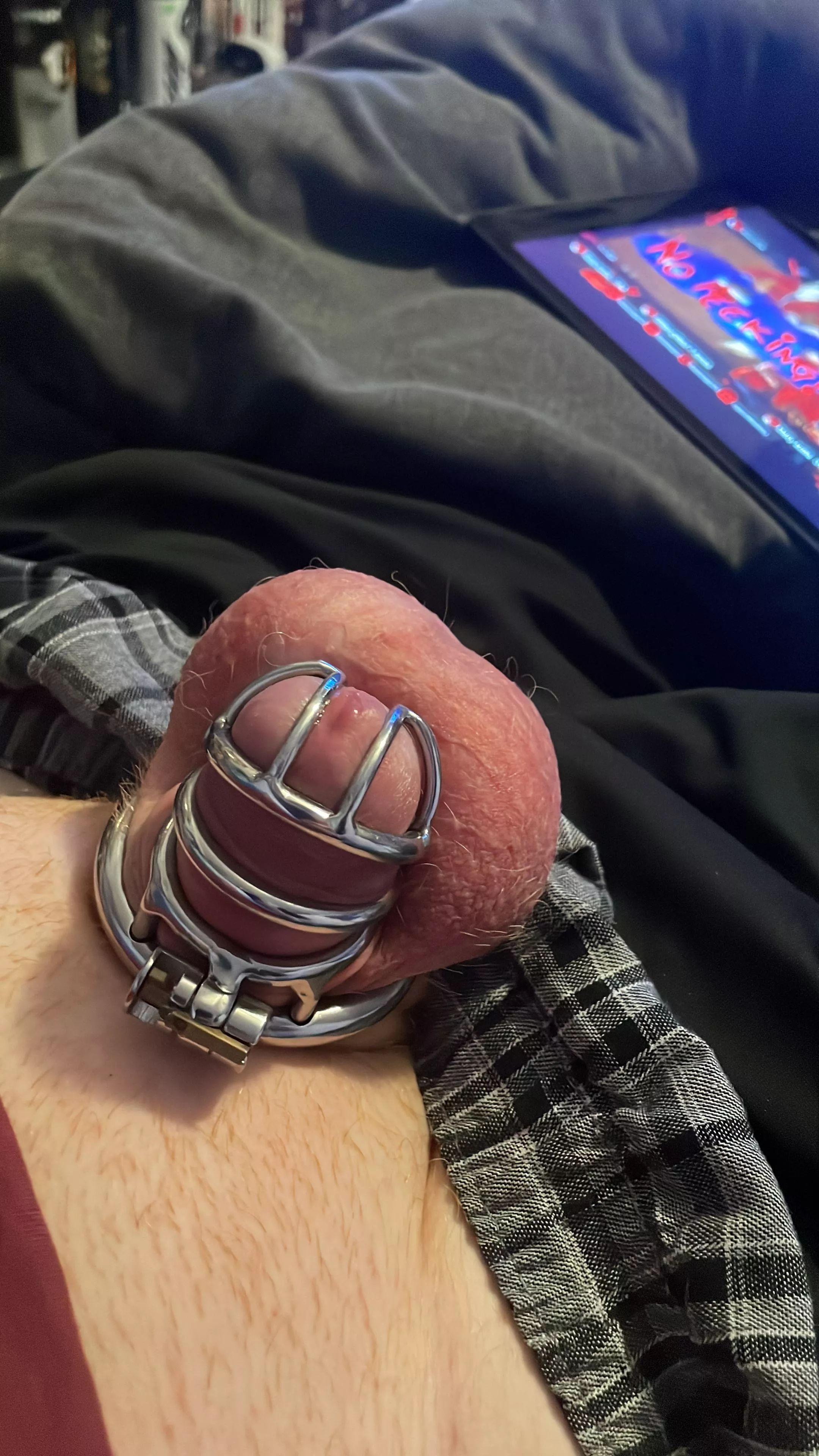 Still locked in my cage and so desperate to be let out. My master doesn’t want me cumming for a long time 🙈