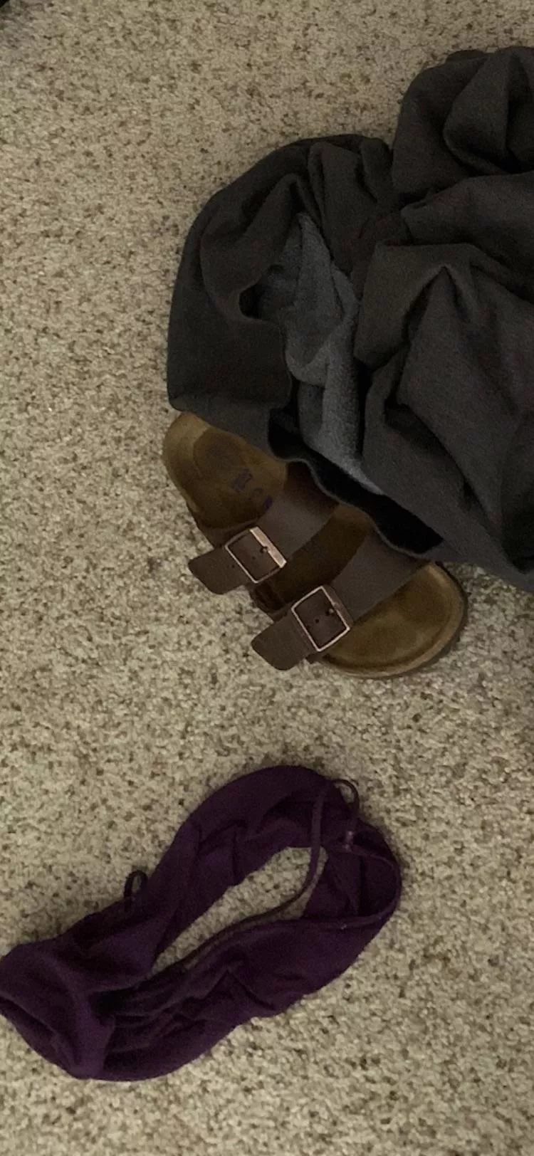 Swim Team’s Dirty Purple Panties, Smelly Birkenstocks, and Running Tights Lay Together. What a Cute Slob!!