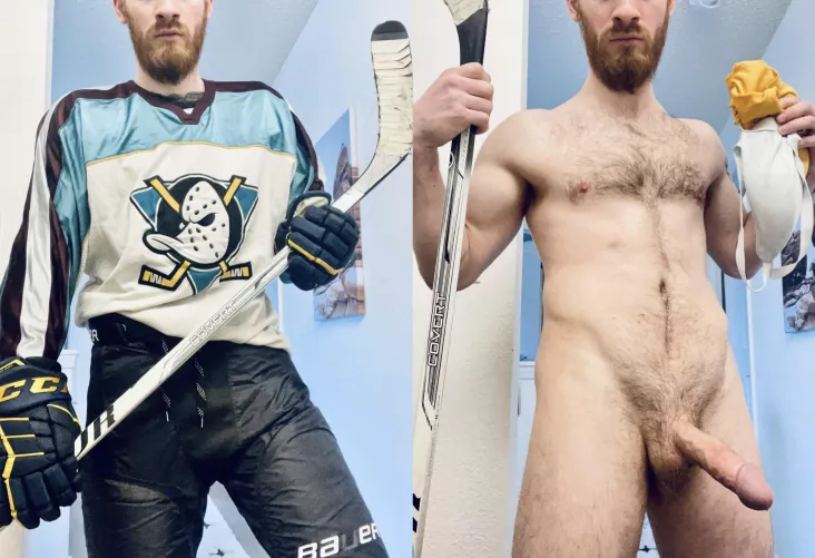 Taking off all the hockey pads for my puck buddies