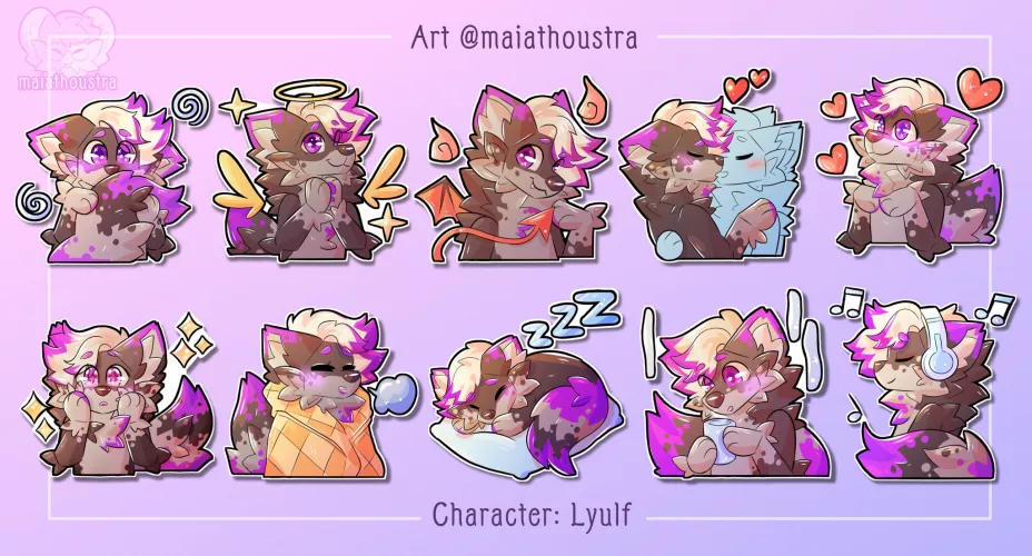 Telegram stickers ~ comm for Lyulf, art by me @maiathoustra