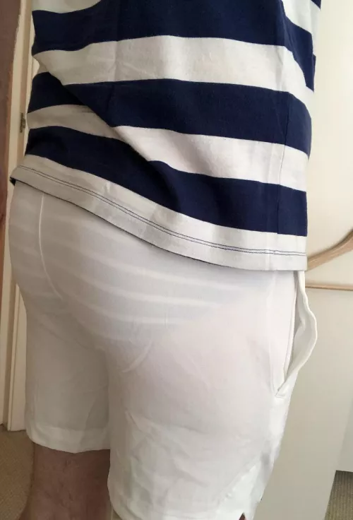 Tennis shorts are unlined, so when you wear white ones, they don’t hide much. Perhaps stripey underwear wasn’t the best choice.