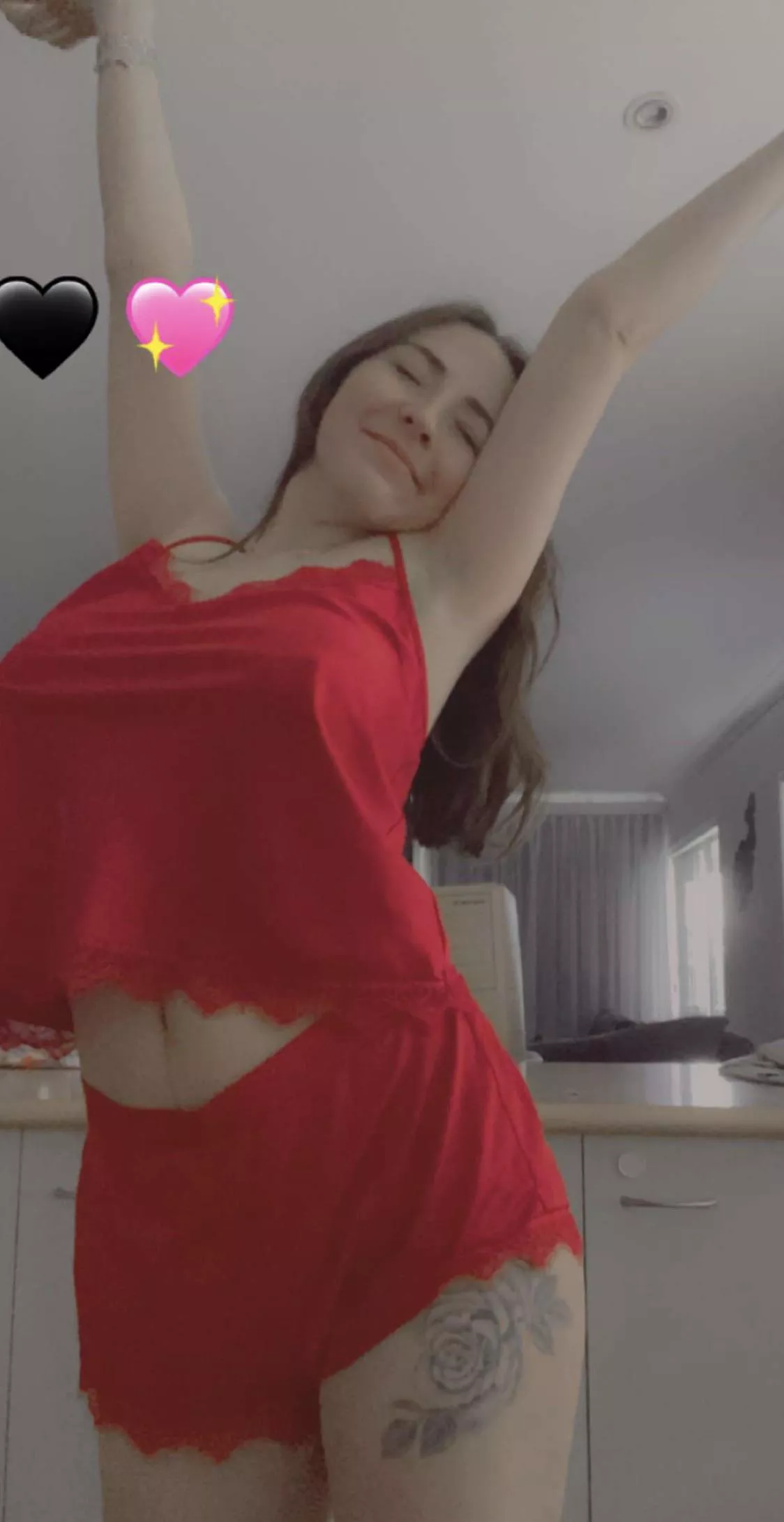 That morning stretch in some VERY cute red pjs 🥰 [f]