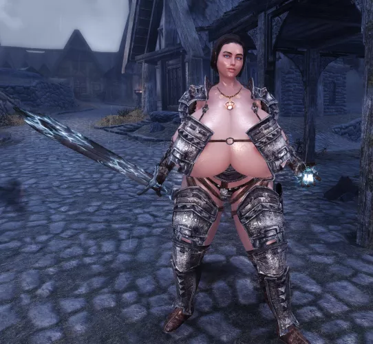The first Buxom Follower I made for Skyrim LE, she's seen some improvements since release. Looked nice glistening in the rain so I took a screenshot.