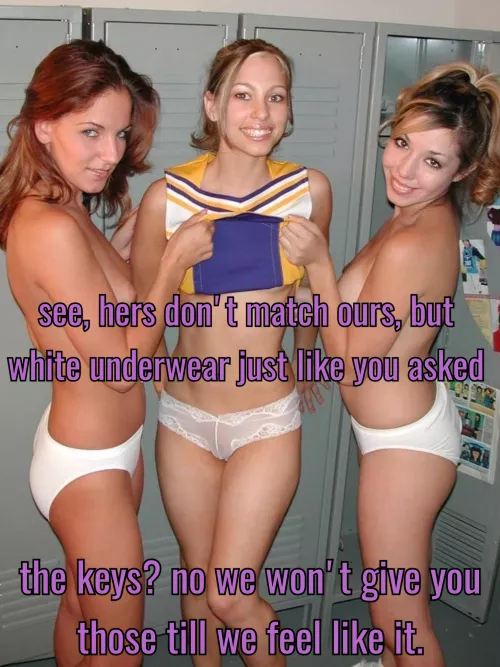 The girlfriend joined the cheer team and her new friends made her give up the only key to the chastity cage.