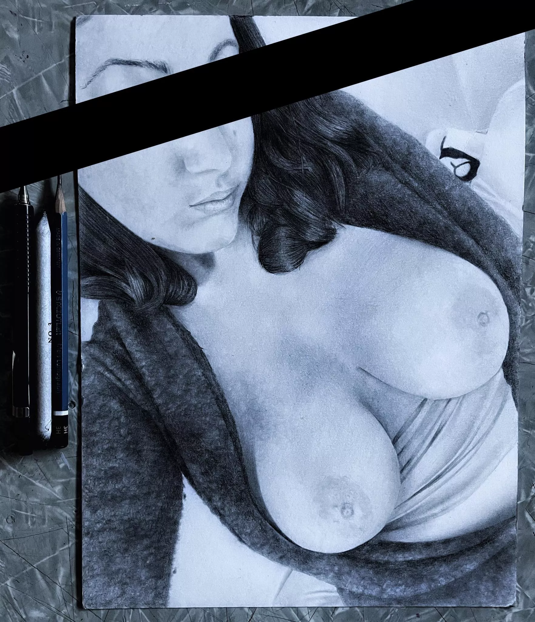 The model requested me to censor for privacy but I had a lot of fun making this piece and wanted to share it! 9” x 12” graphite on Bristol board