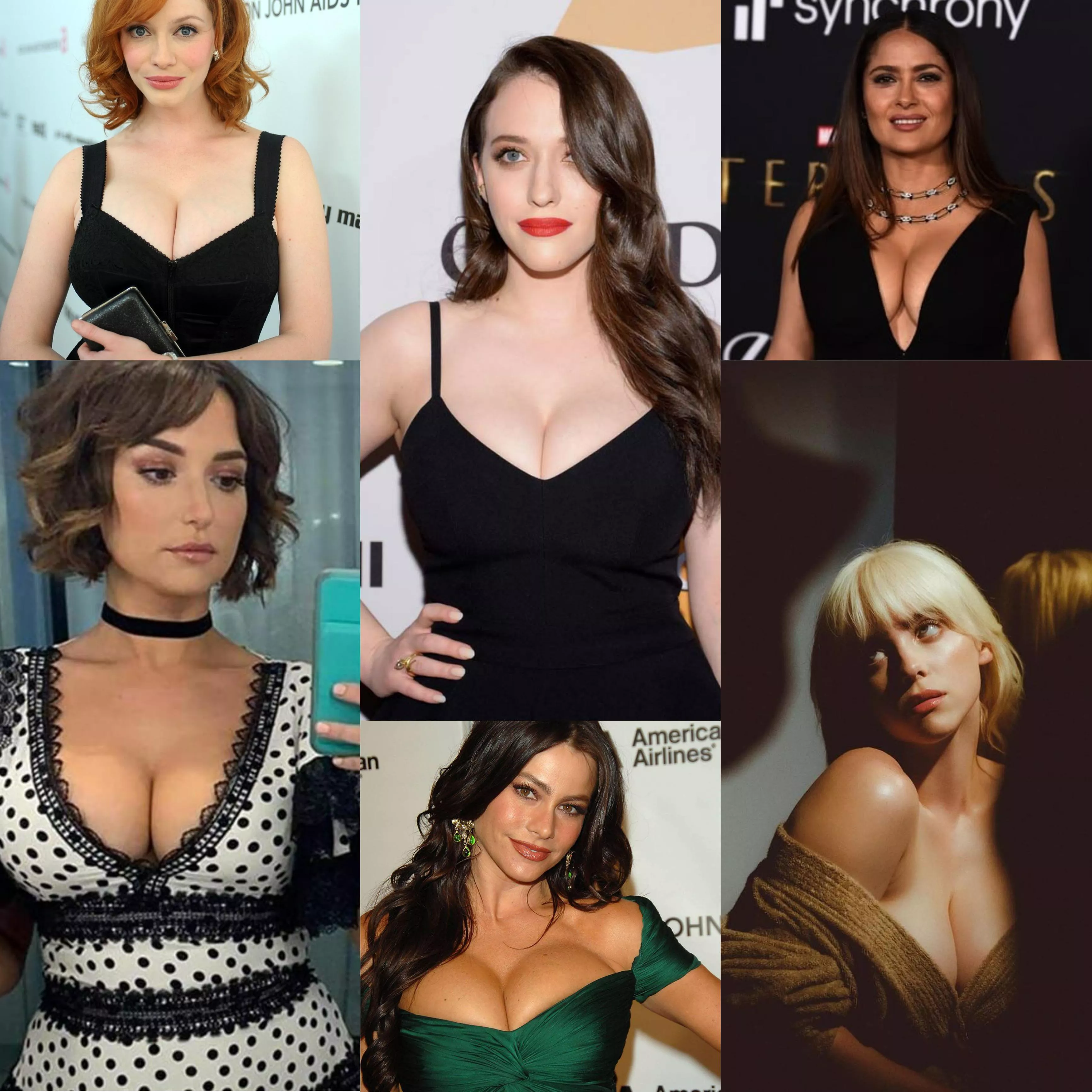 The stars of r/celebswithbigtits. Christina Hendricks, Kat Dennings, Salma Hayek, Milana Vayntrub, Sofia Vergara, and Billie Elish.