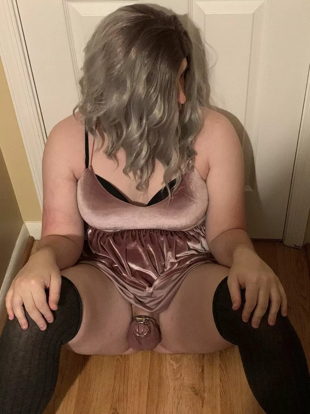 Thigh highs…check. Cute bra and dress…check. Chastity…check. Am I forgetting anything?