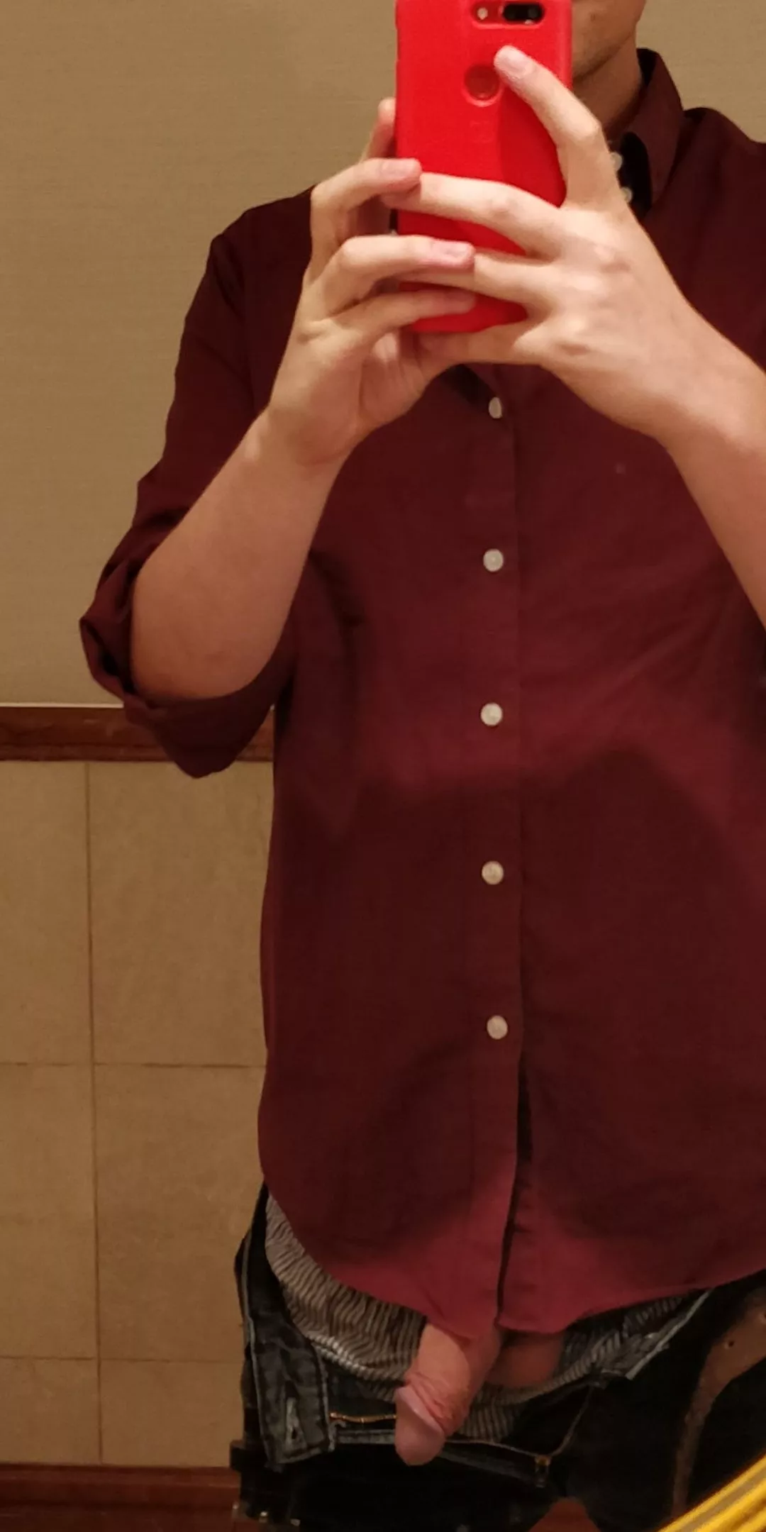 Thought my soft cock looked good in the mirror while on my break at work. What do you think?