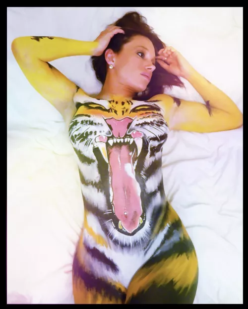 Tiger body paint. (OC) I did the artwork and photo. Airbrush and paintbrush.