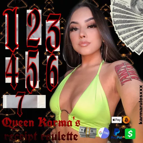 TIME🕐 for a blood pumping, money-dumping game of receipt roulette😼🩸$2 TO SPIN THE WHEEL and see how deep fate burns your pockets($15-$325)🔥😈 [selling][domme]