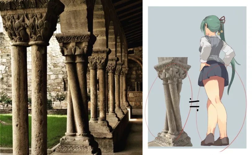Twisted column from Iglesia de San Pedro de la Rúa envisioned as Kagura Suzu crossing her legs [.LIVE Vtuber]