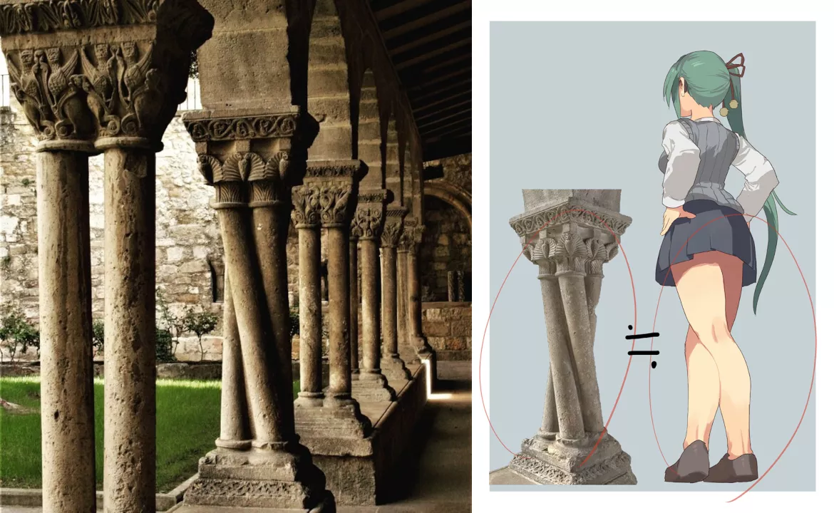 Twisted column from Iglesia de San Pedro de la Rúa envisioned as Kagura Suzu crossing her legs [.LIVE Vtuber]