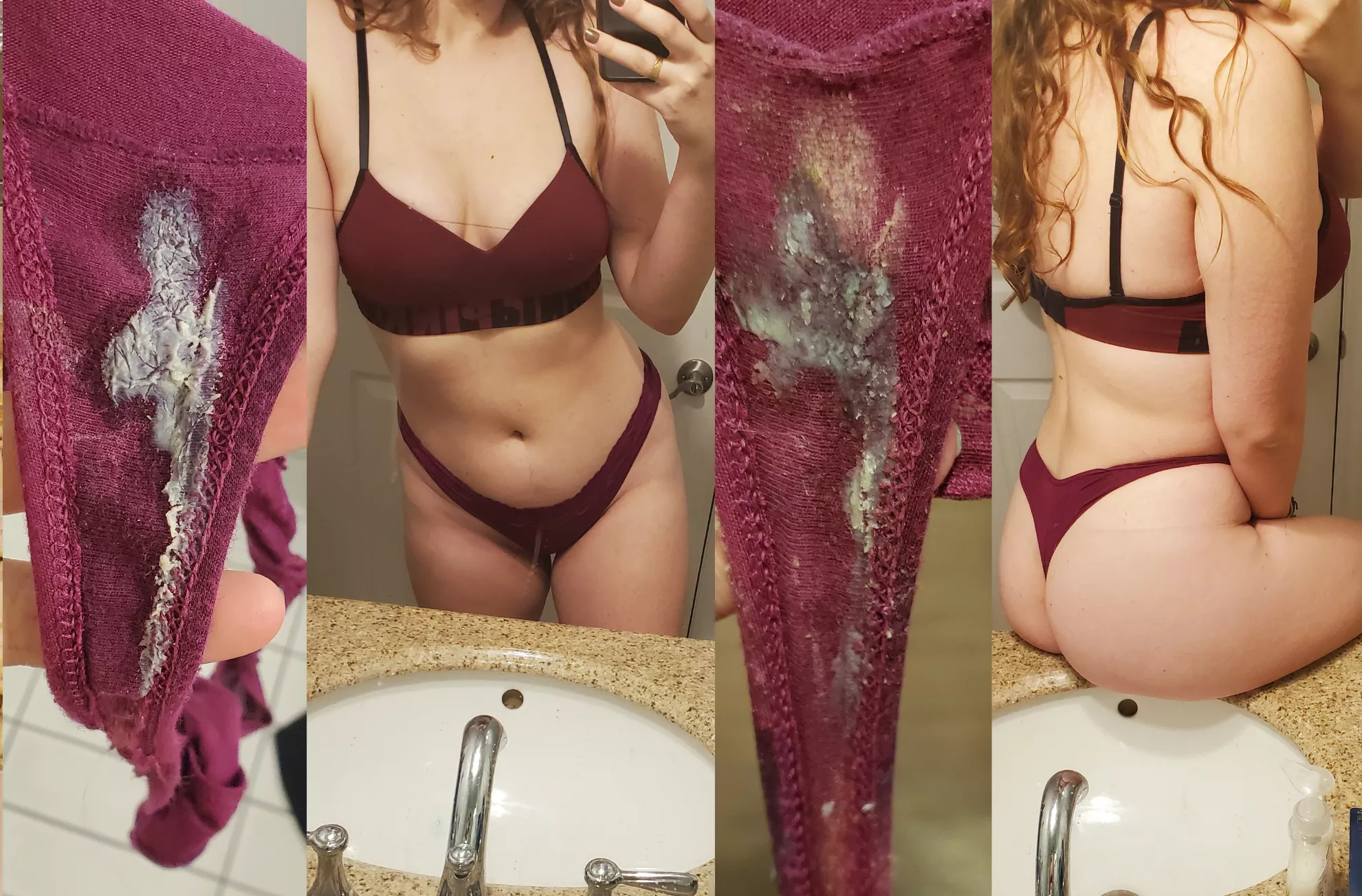 two day progress on this pantie after l orgasm twice in it before walking to my hours of lectures<3 dm me or kik babbigiraffe to have these to yourself 😘