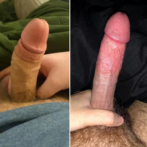 u/Edge-addict’s cock on the left and my cock on the right. What do you think? And who's next to compare? Kik mr.sexy609