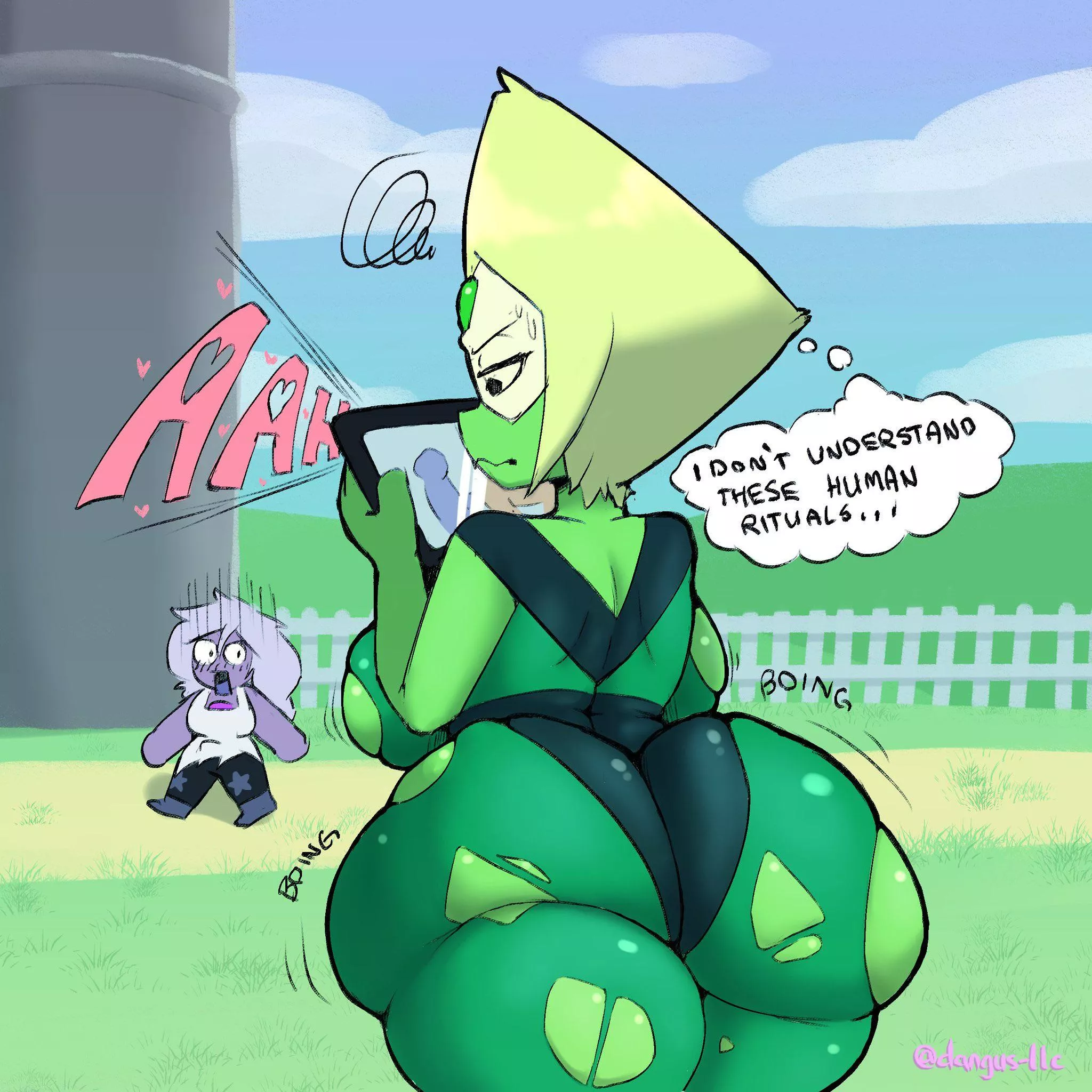 Unbeknownst to Peridot, her form expands while watching porn! (Art by dangus_llc) Unbeknownst to Peridot, her form expands while watching porn! (Art by dangus_llc)