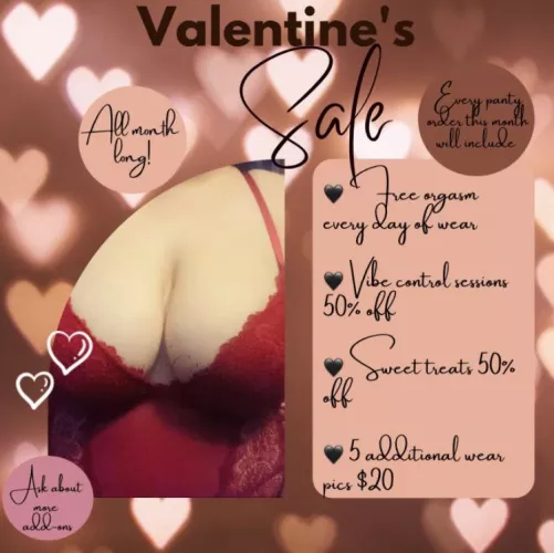 Valentine’s Sale is here and lasts all month long! ♥️😘 Verified 5 Star Seller [selling] sweets, panties, vibe control, and more! Menu is on my profile ♥️