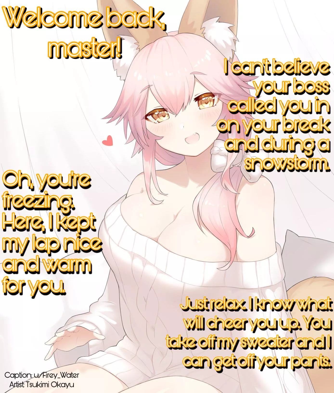 Warming you up after a cold day at work. [Wholesome] [Cuddling] [Implied sex]