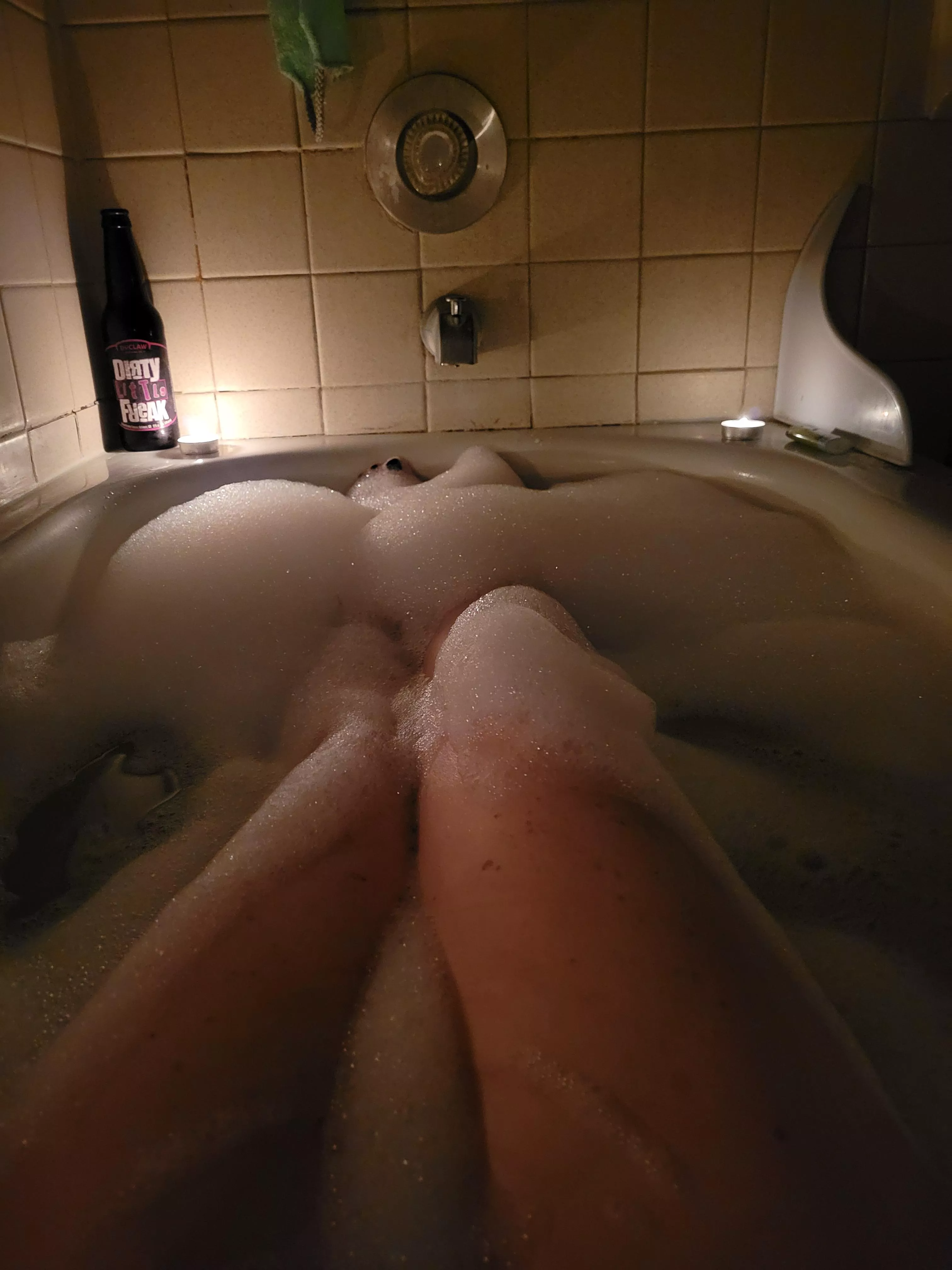 Was feeling a bit anxious tonight and a bit achy. Daddy's parting commands before he left for work was to take a hot bubble bath and have a beer. This is me being his good girl. I just wanted to go to bed, but he gave me an order, and he always knows wh