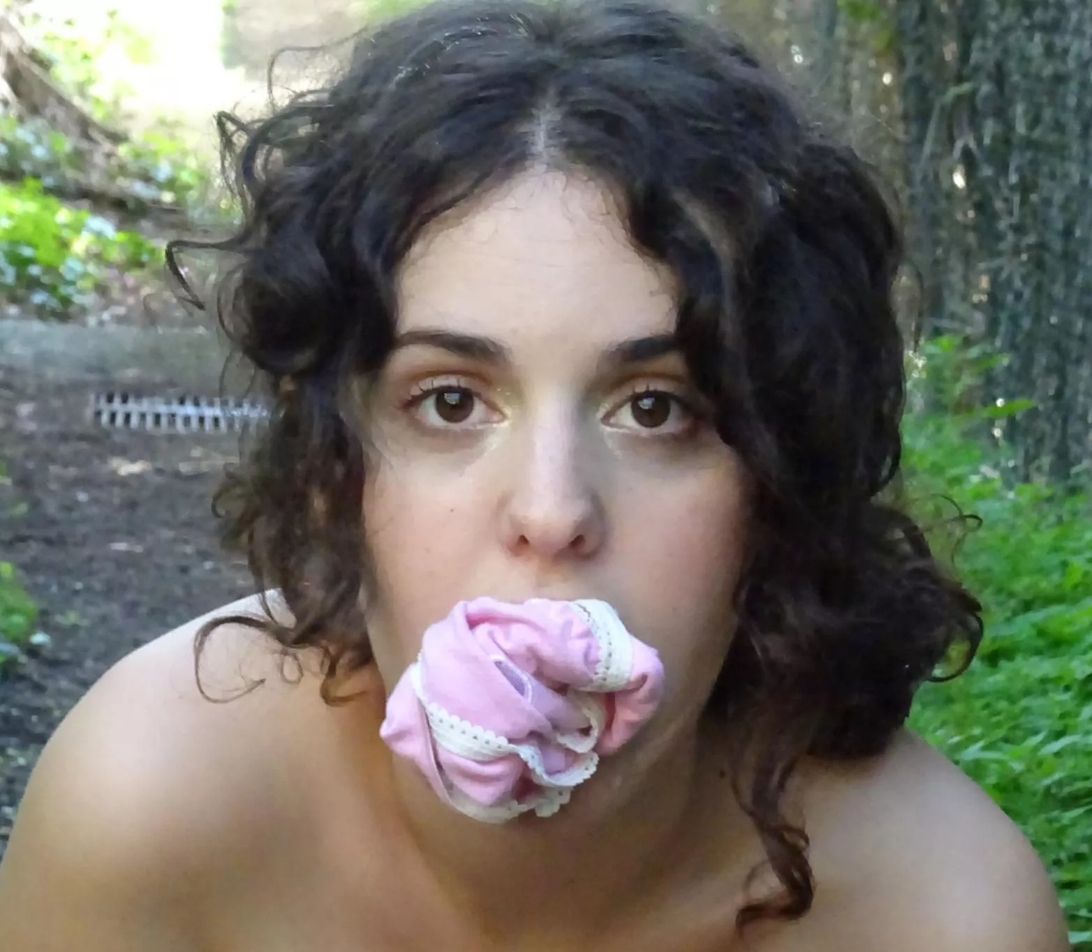 We went for a walk! Look at my new gag... My panties.