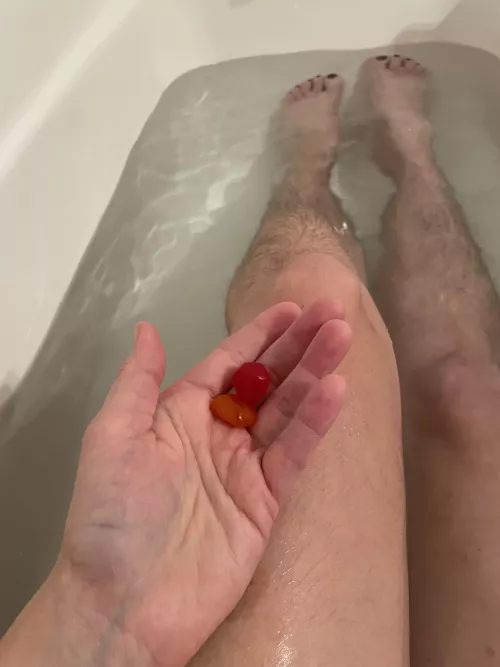 What my self care looks like today: soaking in a bath and fruit snacks.